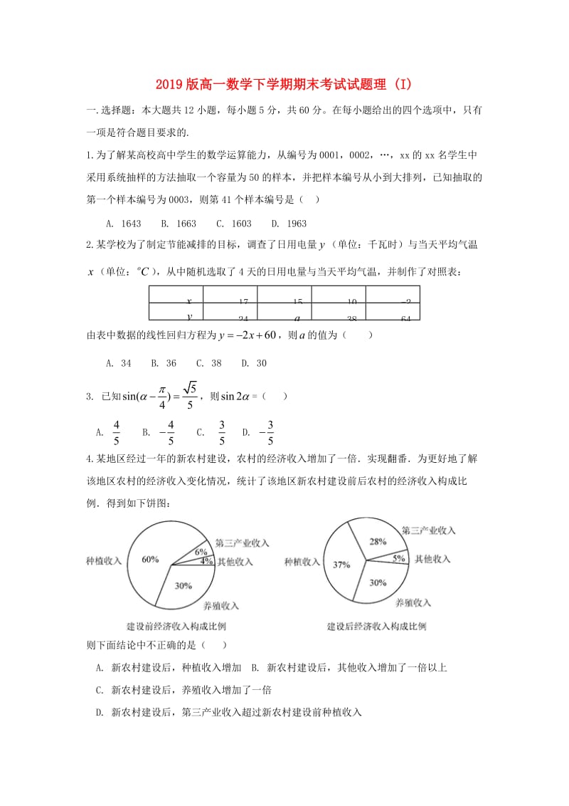 2019版高一数学下学期期末考试试题理 (I).doc_第1页