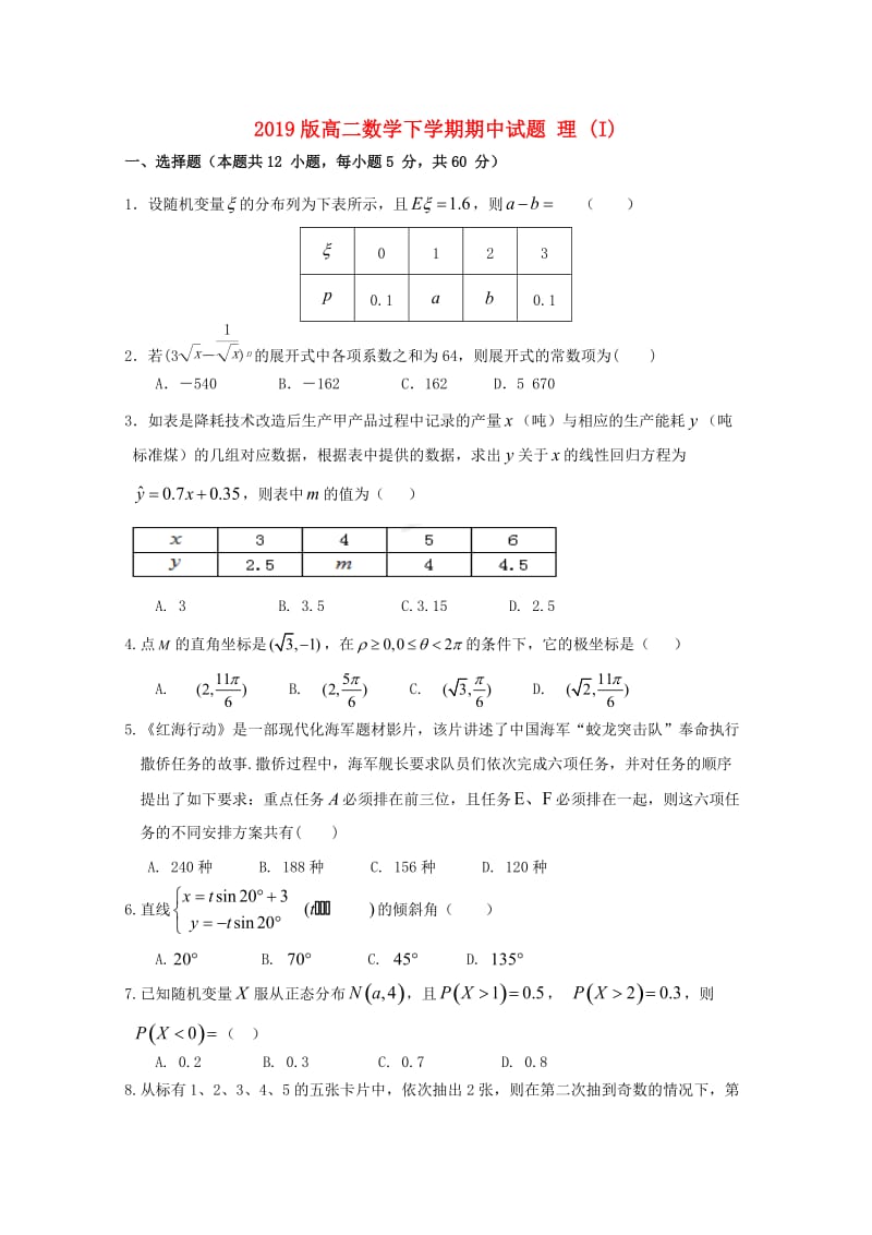 2019版高二数学下学期期中试题 理 (I).doc_第1页