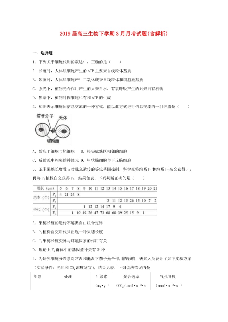 2019届高三生物下学期3月月考试题(含解析).doc_第1页