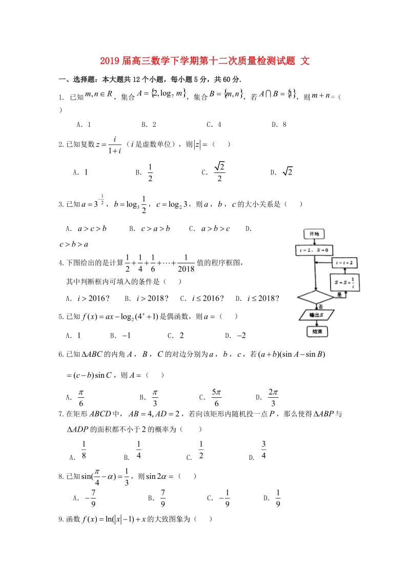 2019届高三数学下学期第十二次质量检测试题 文.doc_第1页