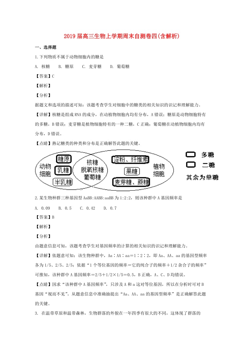 2019届高三生物上学期周末自测卷四(含解析).doc_第1页