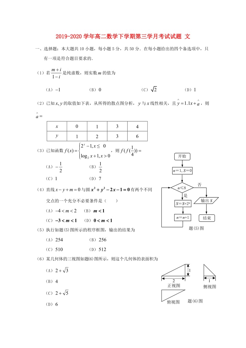 2019-2020学年高二数学下学期第三学月考试试题 文.doc_第1页