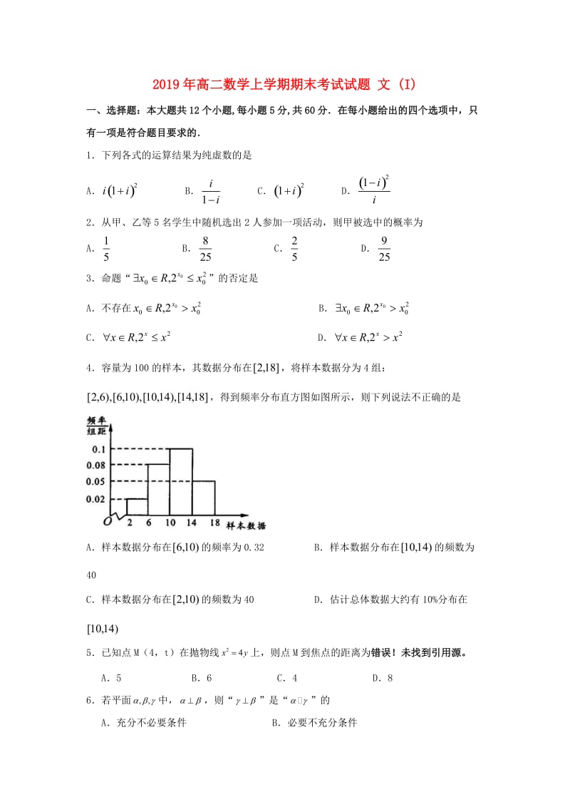 2019年高二数学上学期期末考试试题 文 (I).doc_第1页