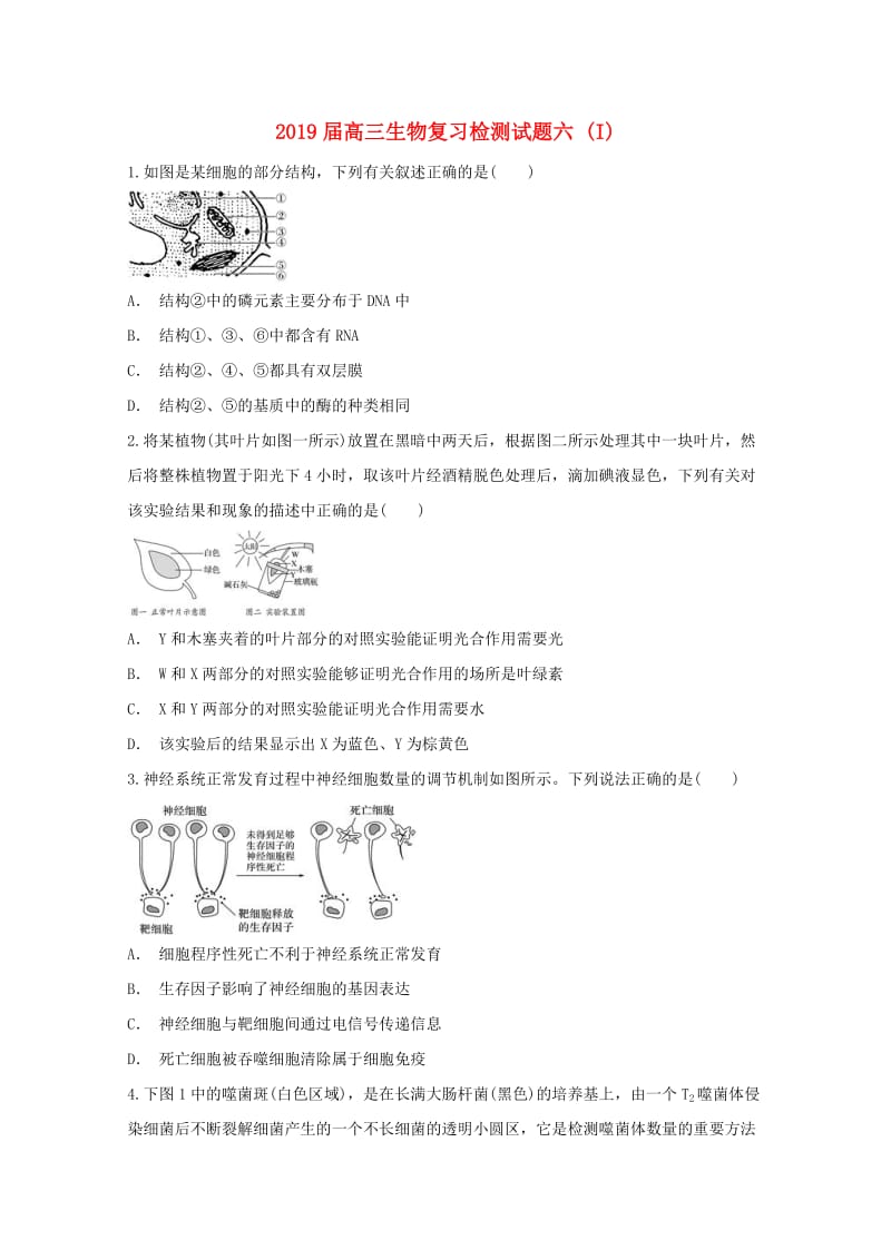 2019届高三生物复习检测试题六 (I).doc_第1页