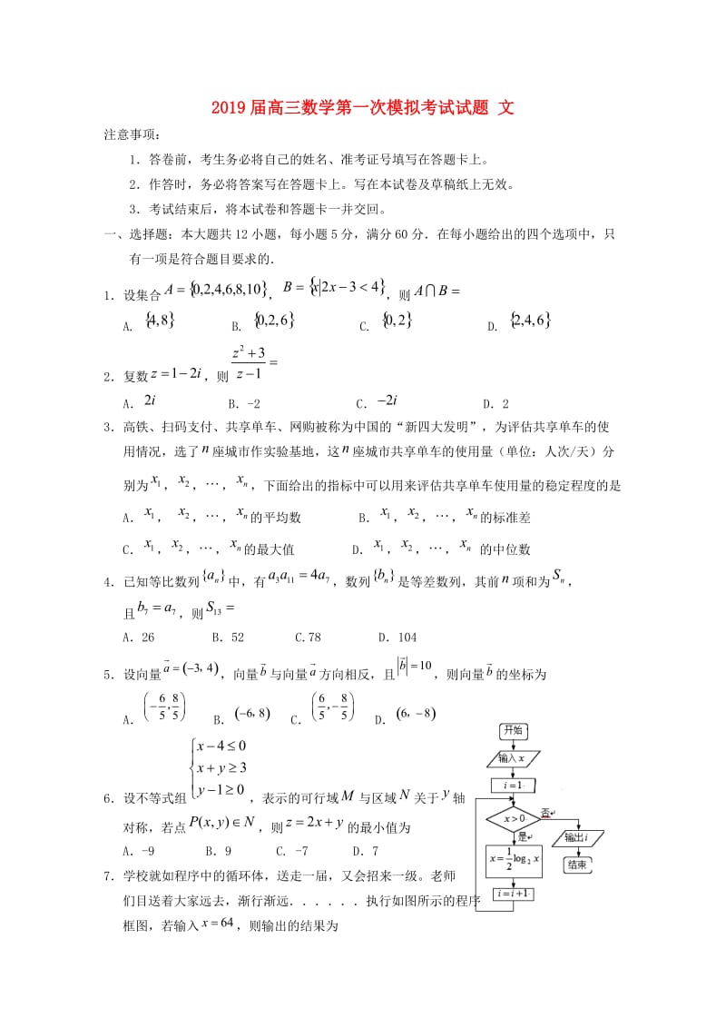 2019届高三数学第一次模拟考试试题 文.doc_第1页