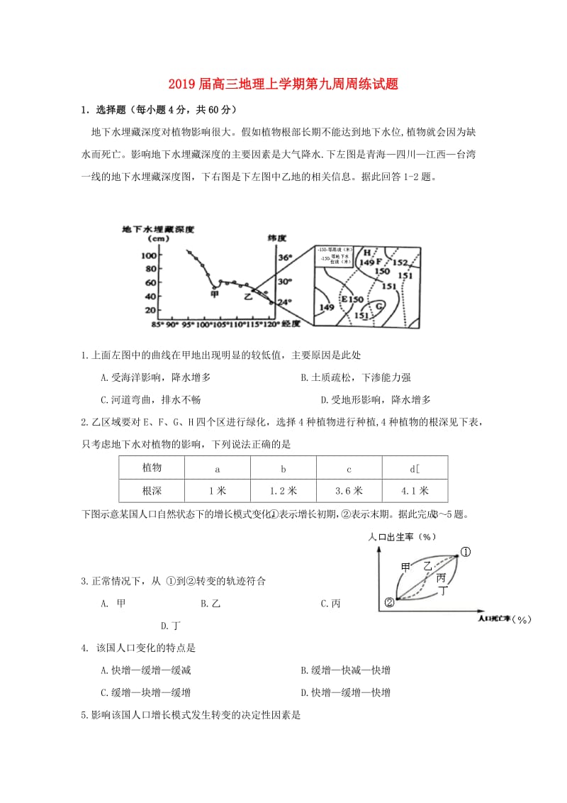 2019届高三地理上学期第九周周练试题.doc_第1页