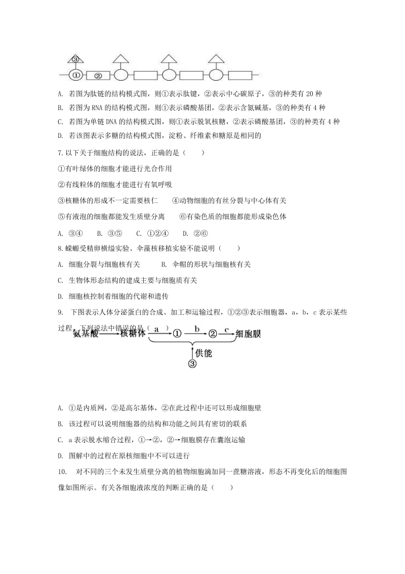 2020版高一生物上学期期末考试试题(无答案).doc_第2页