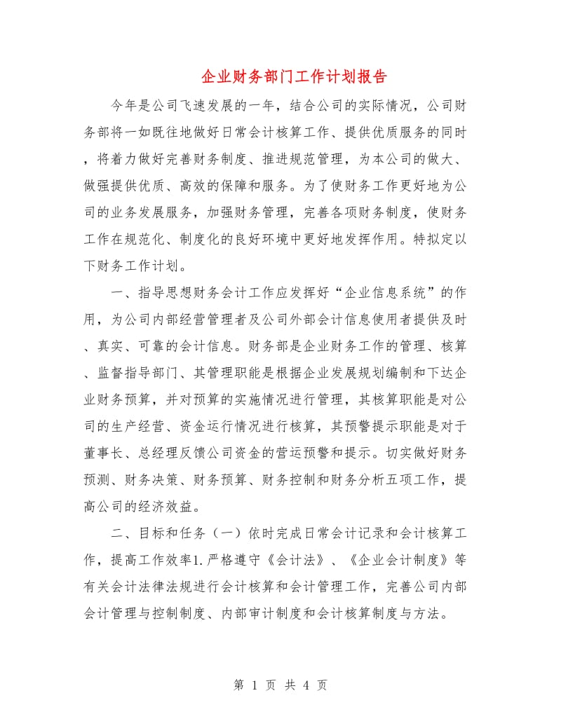 企业财务部门工作计划报告.doc_第1页