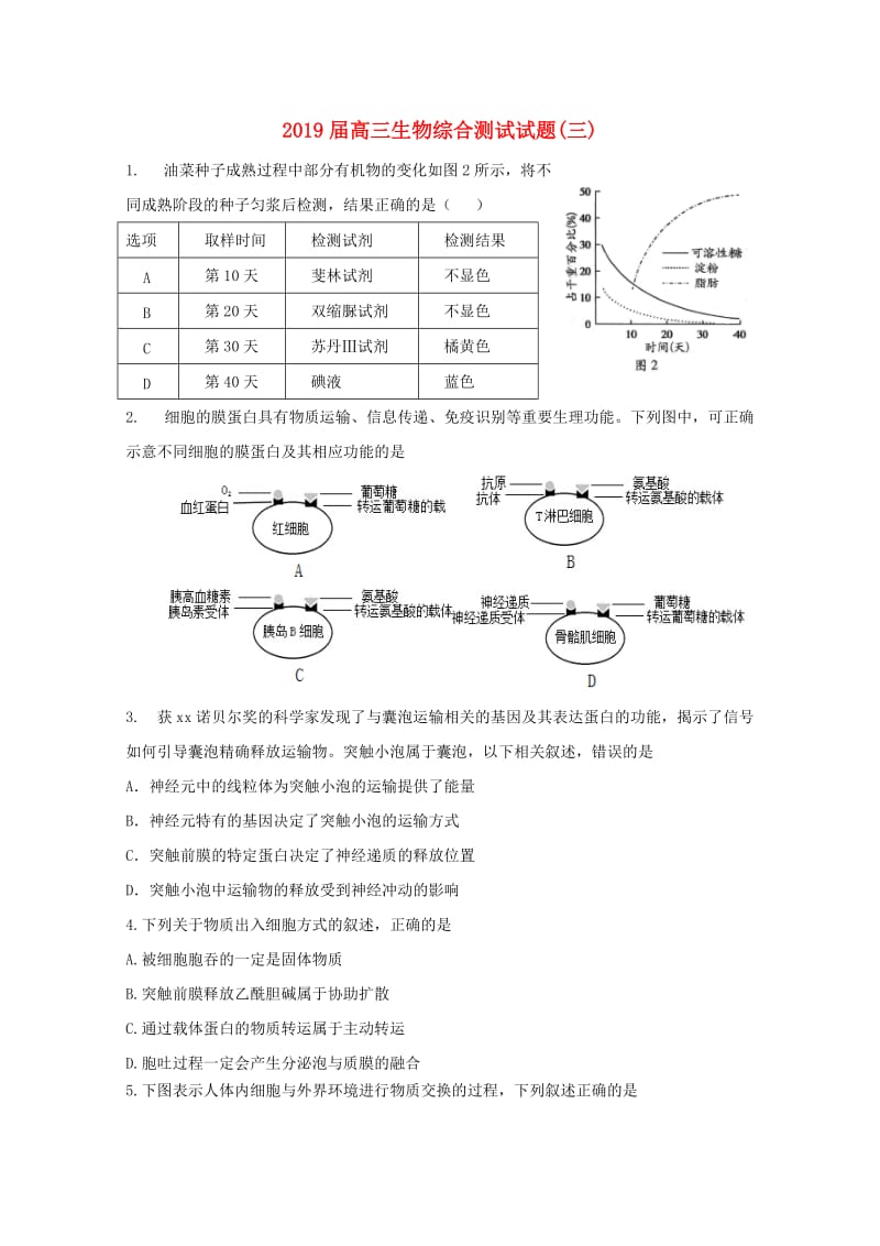 2019届高三生物综合测试试题(三).doc_第1页