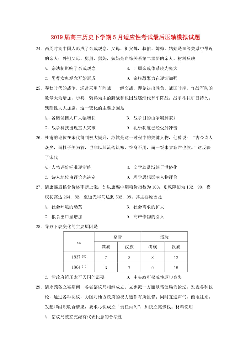 2019届高三历史下学期5月适应性考试最后压轴模拟试题.doc_第1页