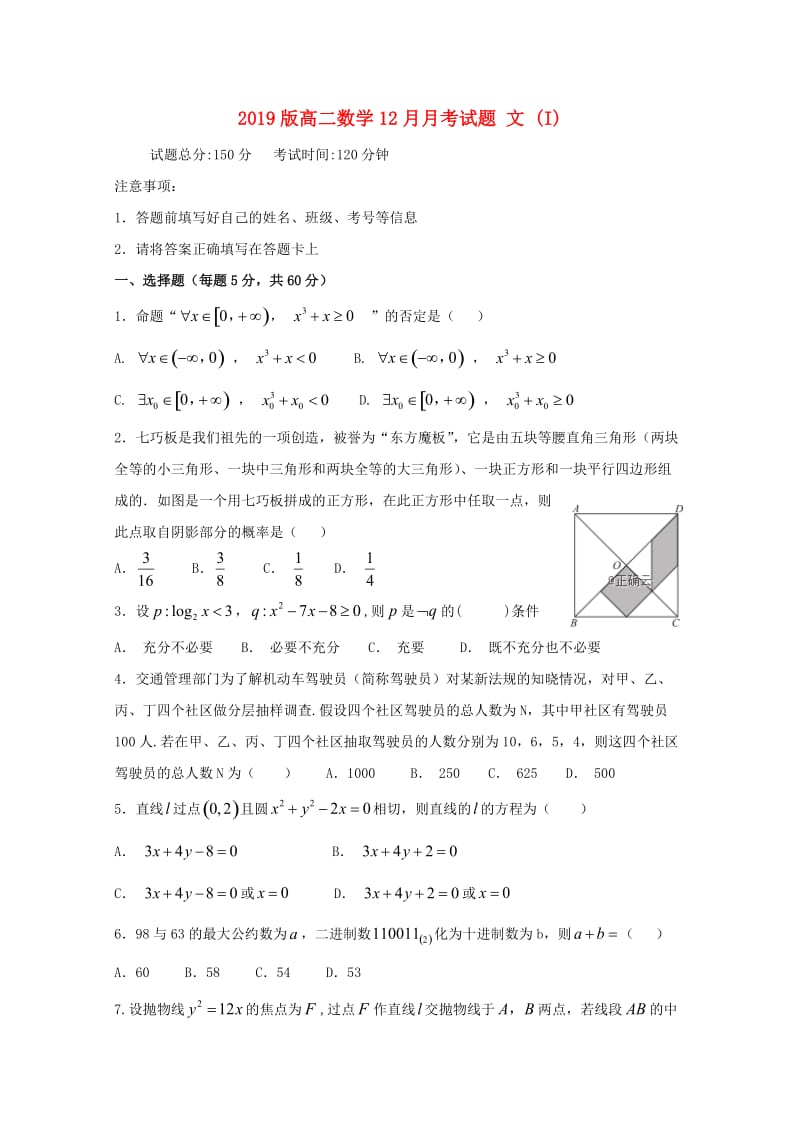 2019版高二数学12月月考试题 文 (I).doc_第1页