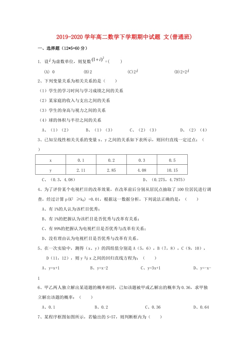 2019-2020学年高二数学下学期期中试题 文(普通班).doc_第1页