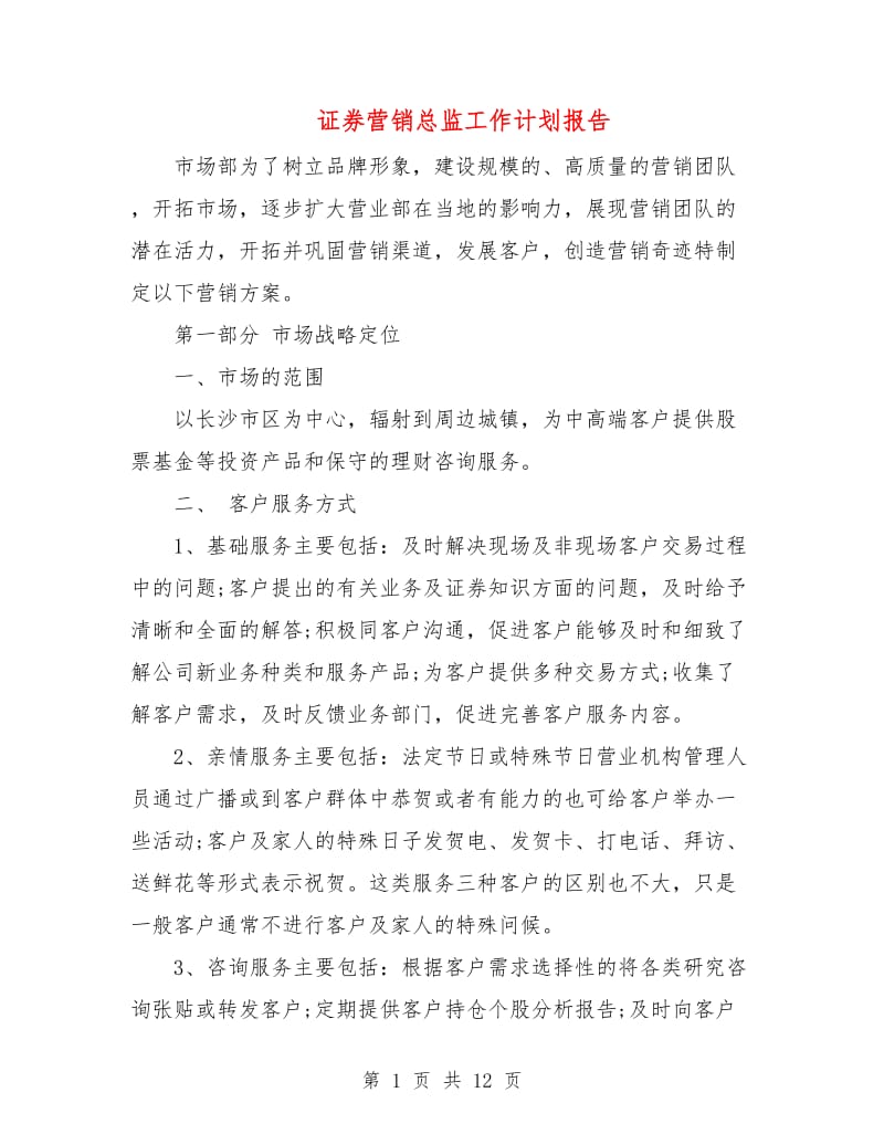 证券营销总监工作计划报告.doc_第1页