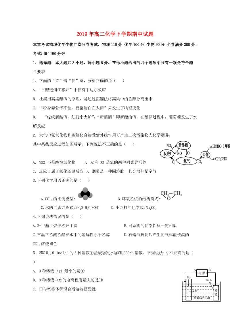 2019年高二化学下学期期中试题.doc_第1页