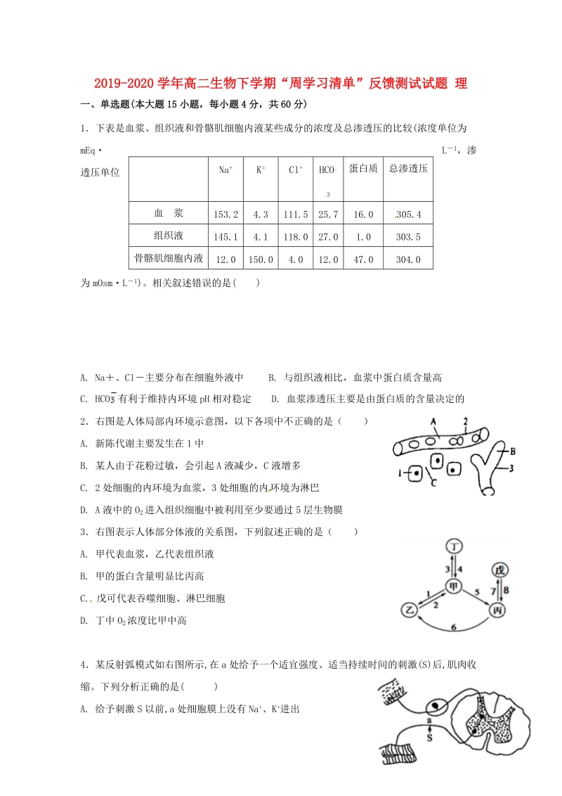 2019-2020学年高二生物下学期“周学习清单”反馈测试试题 理.doc_第1页