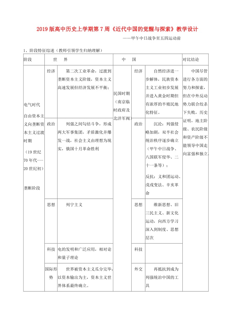 2019版高中历史上学期第7周《近代中国的觉醒与探索》教学设计.doc_第1页