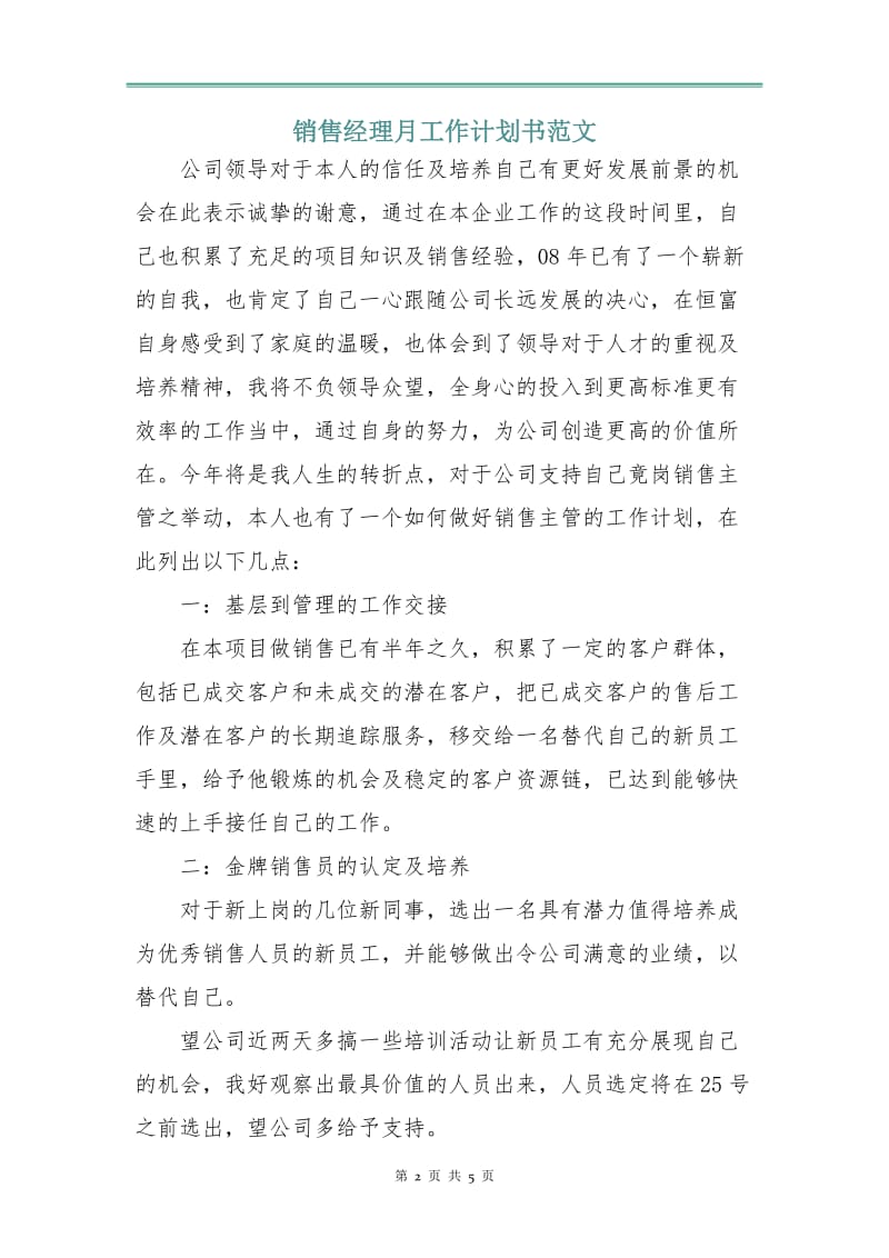 销售经理月工作计划书范文.doc_第2页