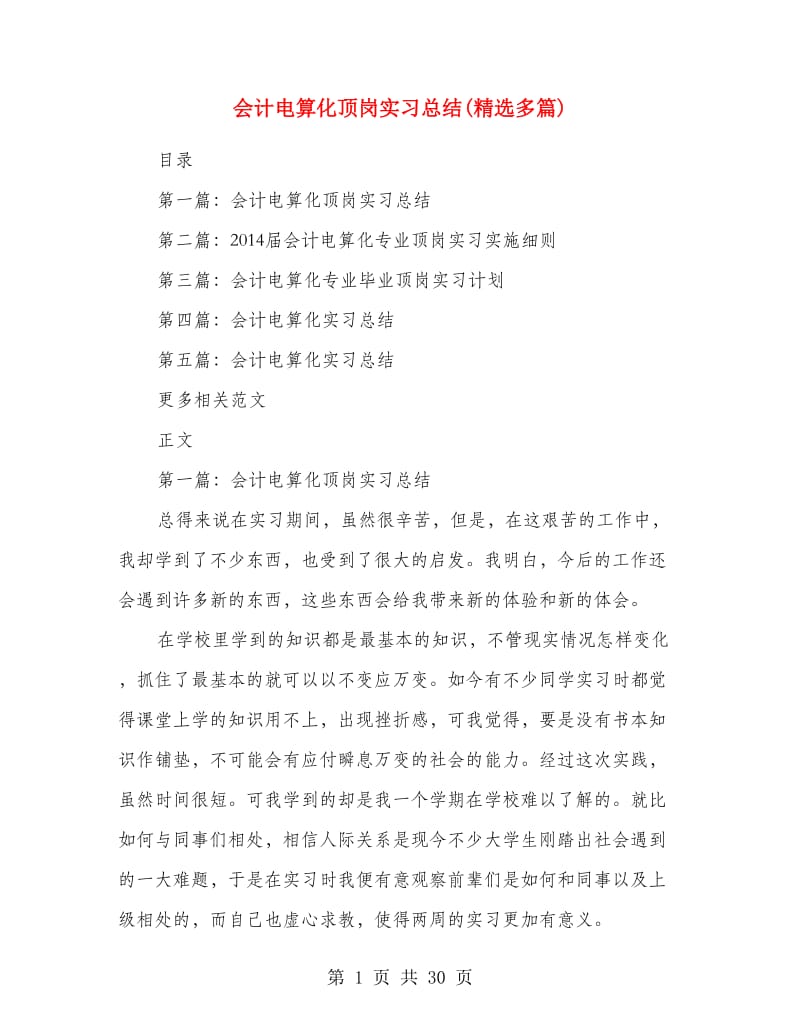 会计电算化顶岗实习总结(精选多篇).doc_第1页