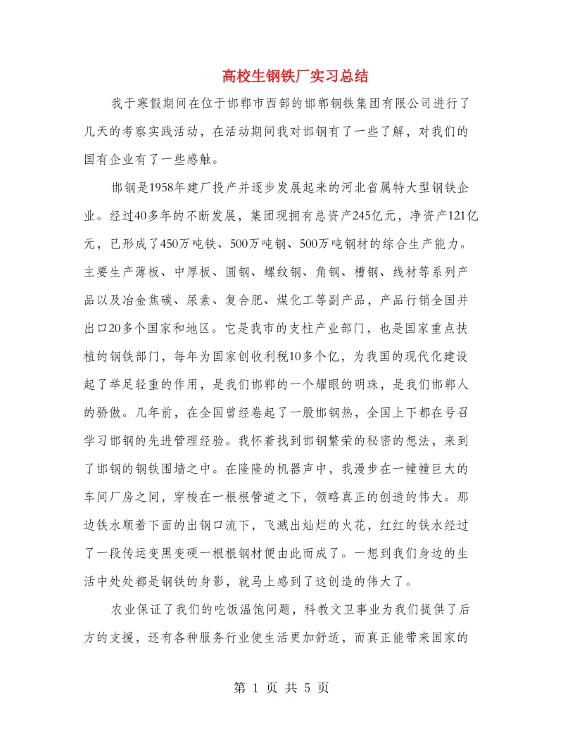 高校生钢铁厂实习总结.doc_第1页