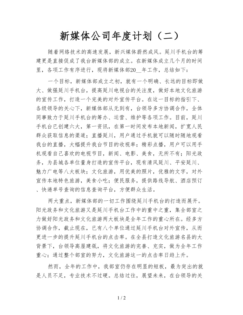 新媒体公司年度计划（二）.doc_第1页