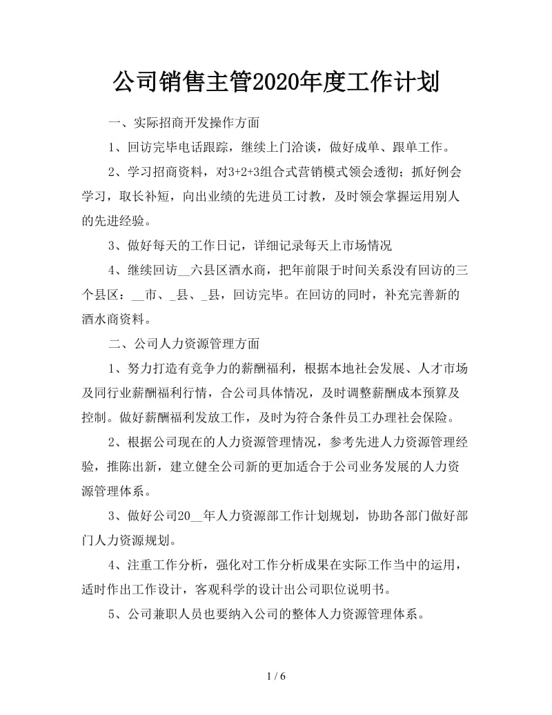 公司销售主管2020年度工作计划.doc_第1页