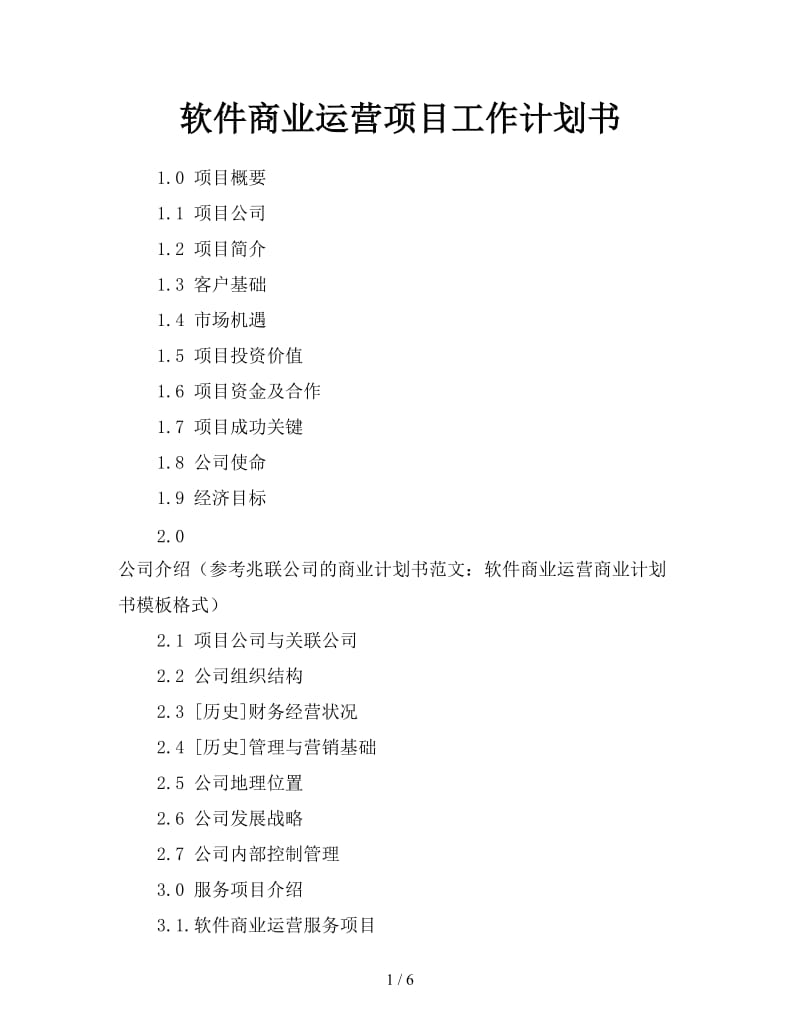 软件商业运营项目工作计划书.doc_第1页