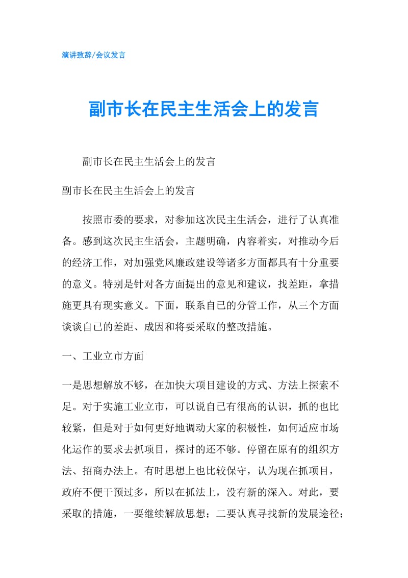 副市长在民主生活会上的发言.doc_第1页