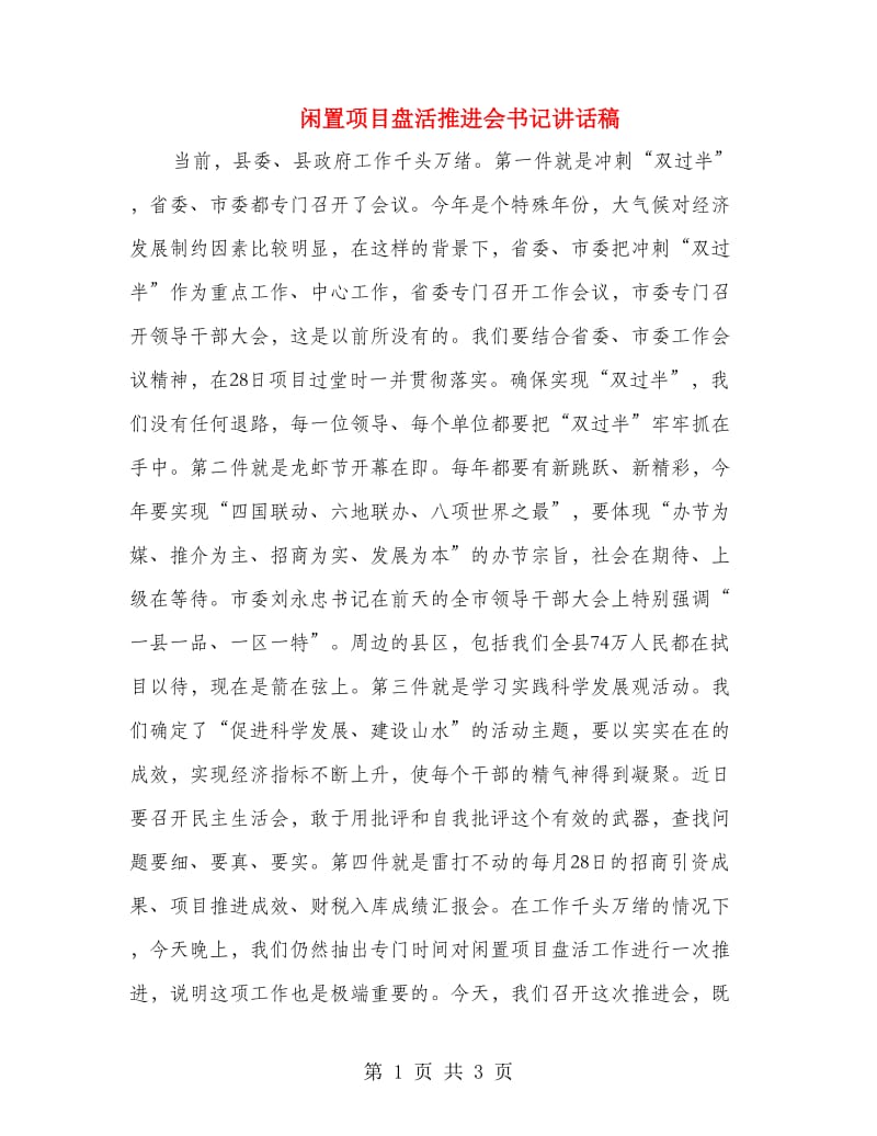 闲置项目盘活推进会书记讲话稿.doc_第1页