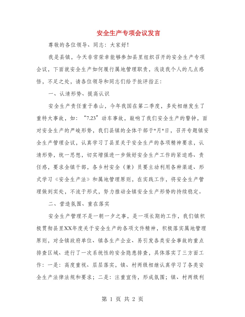 安全生产专项会议发言.doc_第1页