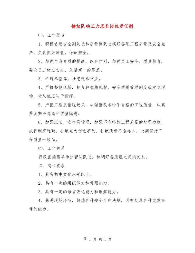 抽放队钻工大班长岗位责任制.doc_第1页