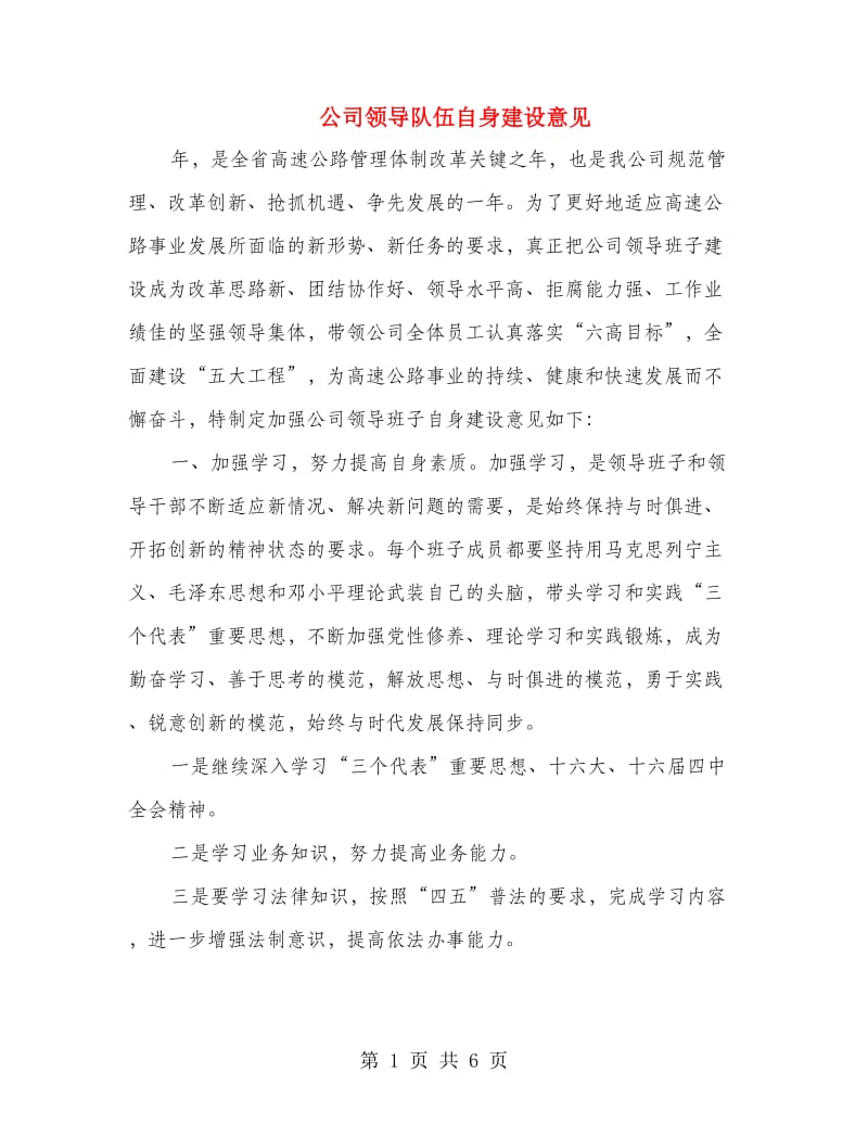 公司领导队伍自身建设意见.doc_第1页