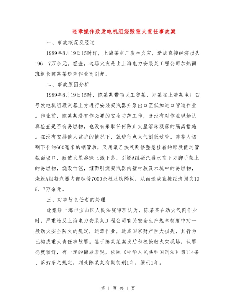 违章操作致发电机组烧毁重大责任事故案.doc_第1页