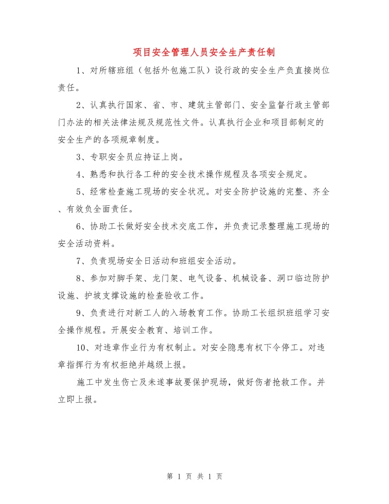 项目安全管理人员安全生产责任制.doc_第1页