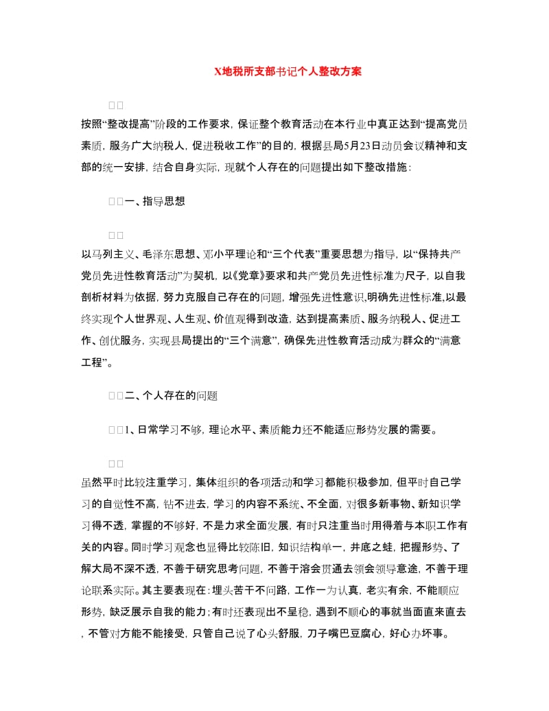 X地税所支部书记个人整改方案.doc_第1页