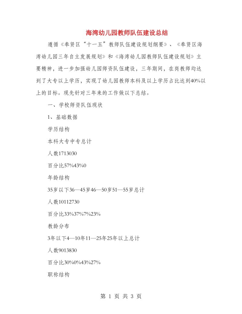 海湾幼儿园教师队伍建设总结.doc_第1页