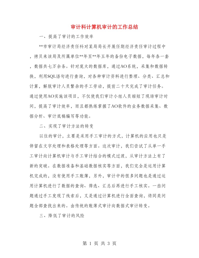 审计科计算机审计的工作总结.doc_第1页