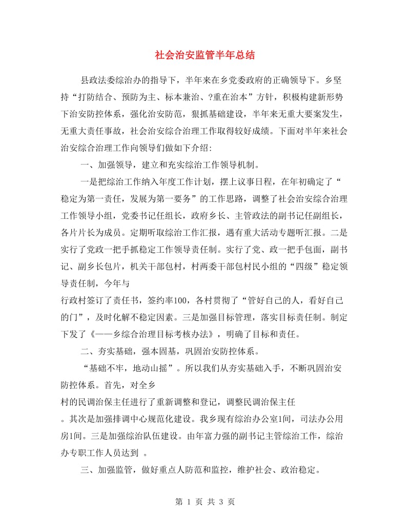 社会治安监管半年总结.doc_第1页