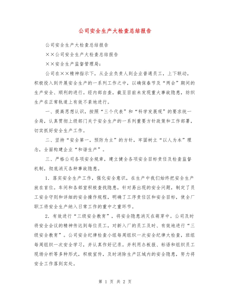 公司安全生产大检查总结报告.doc_第1页