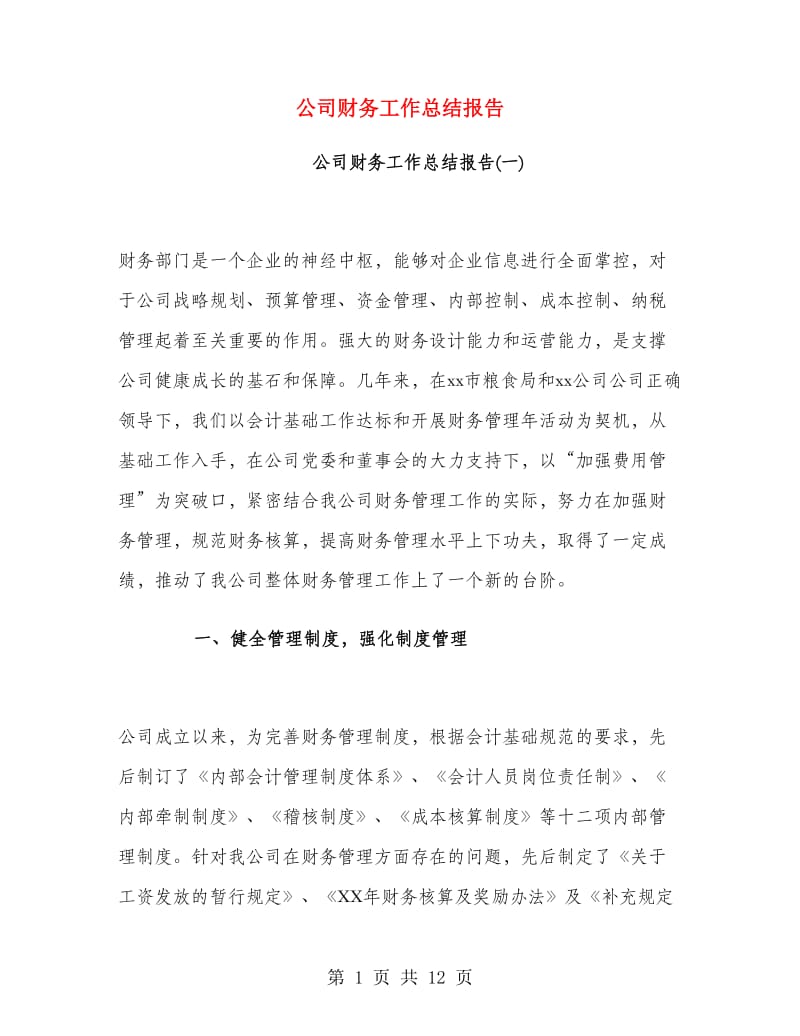 公司财务工作总结报告.doc_第1页