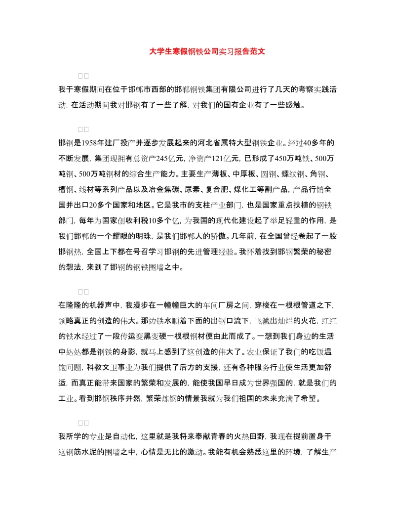 大学生寒假钢铁公司实习报告范文.doc_第1页