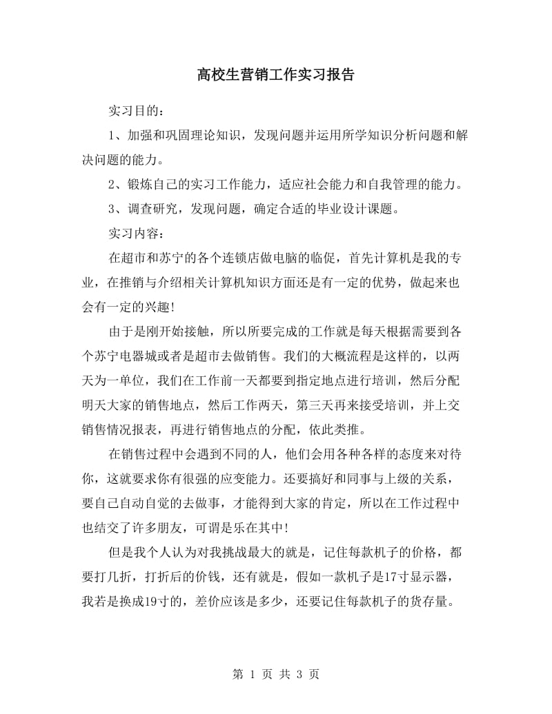 高校生营销工作实习报告.doc_第1页