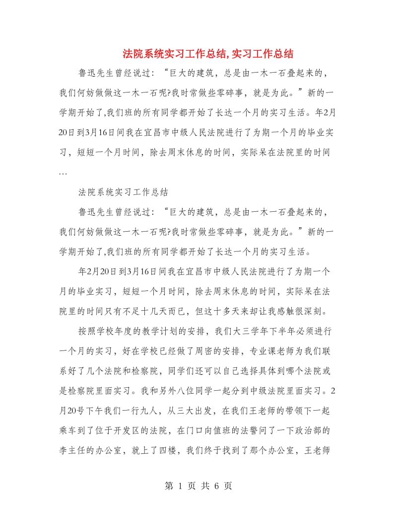 法院系统实习工作总结,实习工作总结.doc_第1页