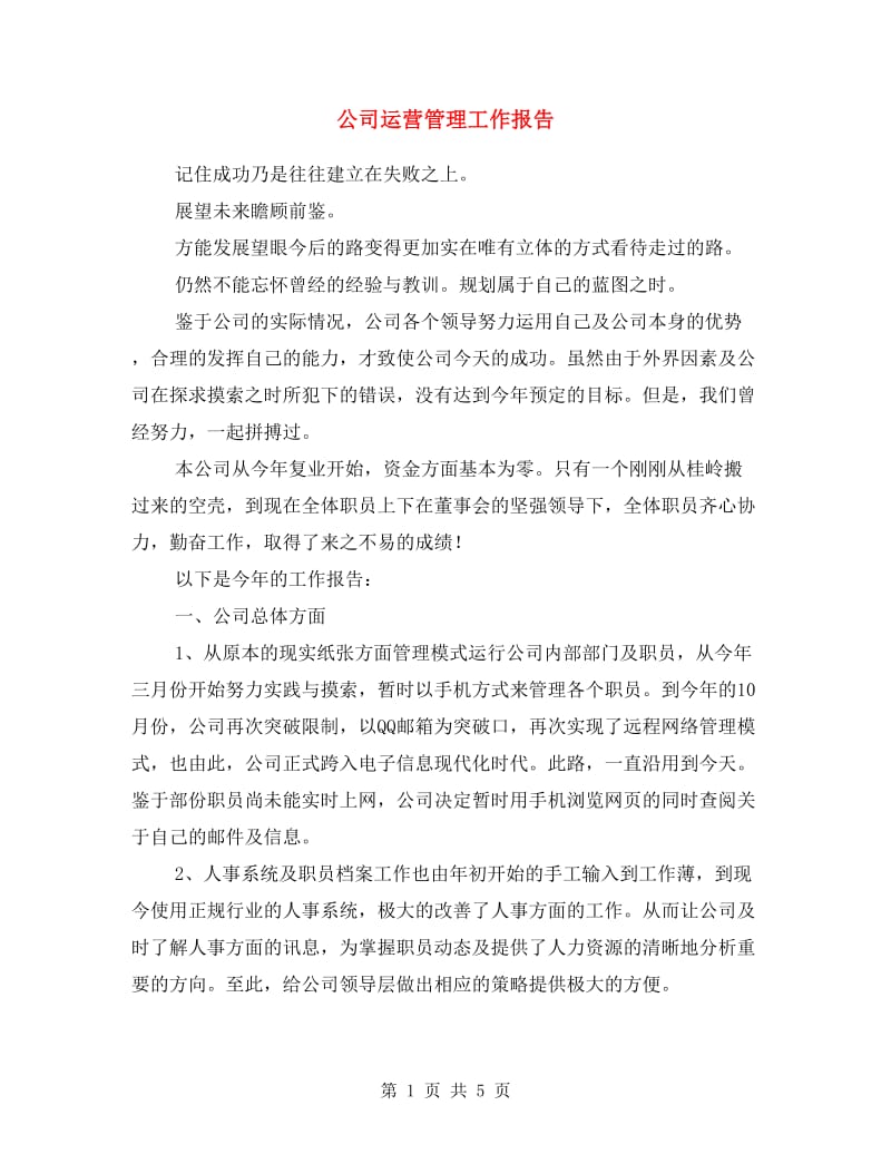 公司运营管理工作报告.doc_第1页