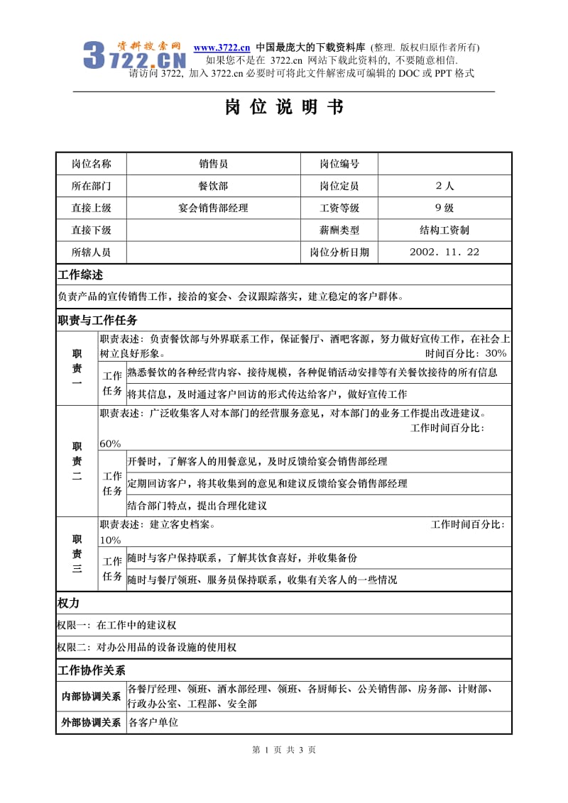 酒店x国际大酒店餐饮部岗位说明书-销售员(doc)_第1页