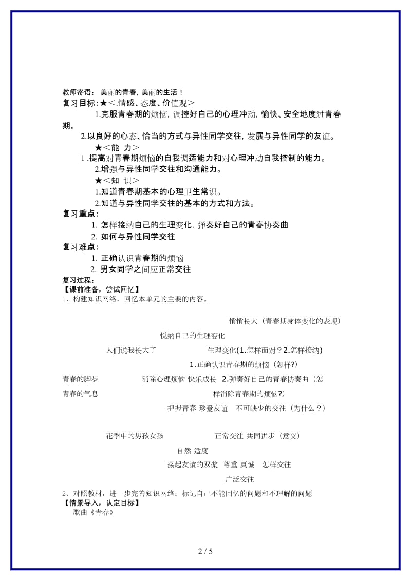 七年级政治下册第五单元青春的脚步青春的气息复习学案鲁人版(1).doc_第2页