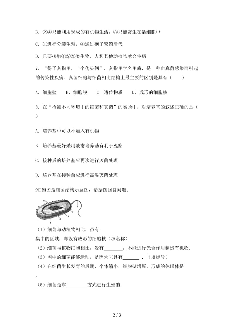 中考生物总复习第八单元生物的多样性第一节细菌簿和真菌特色训练.doc_第2页