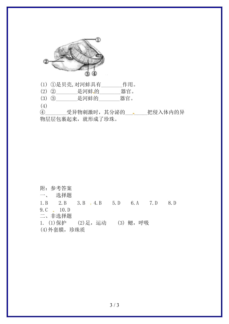 八年级生物上册第五单元第一章第三节软体动物和节肢动物软体动物当堂达标题新版新人教版.doc_第3页