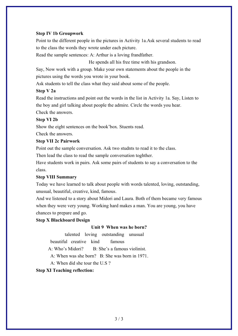 八年级英语上册Unit9Whenwasheborn教案人教新目标版.doc_第3页