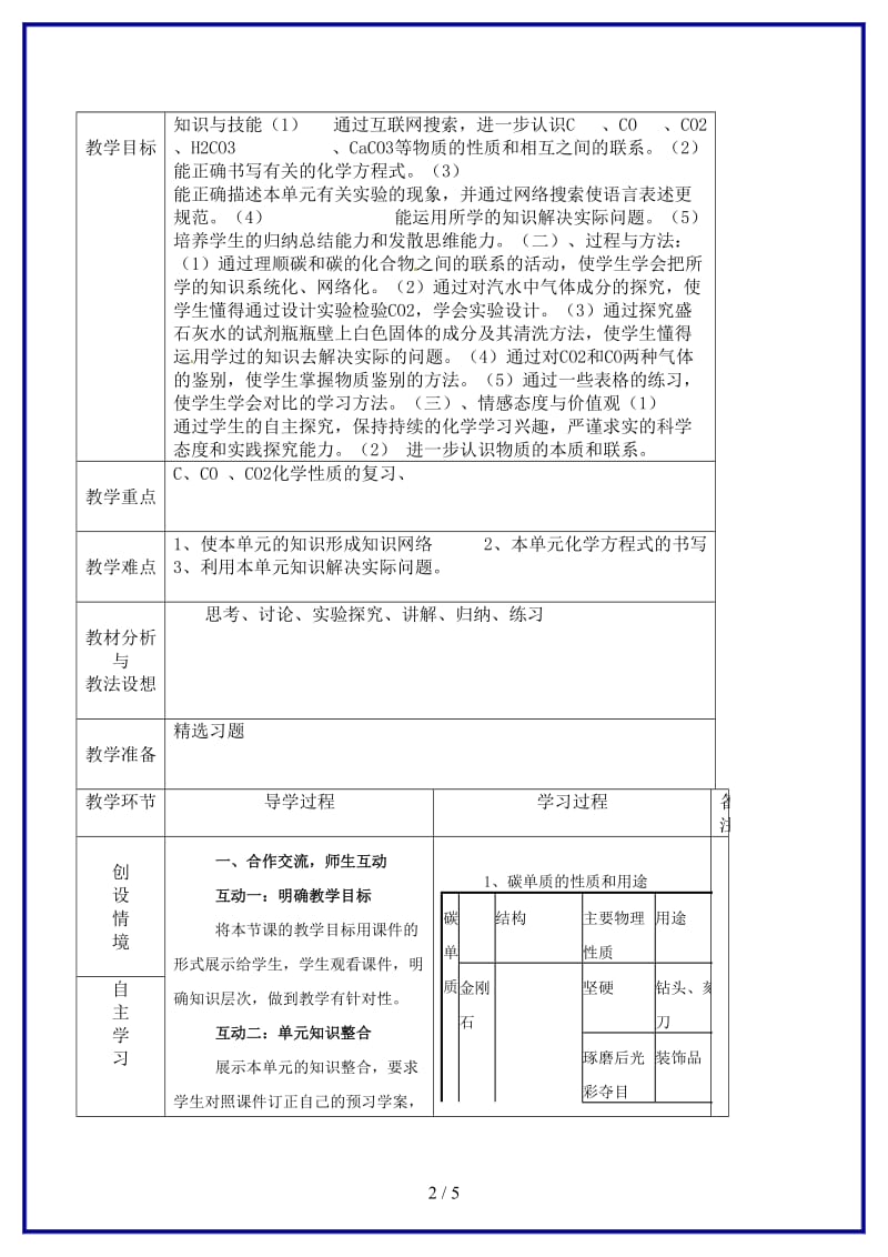 九年级化学上册《第六单元碳和碳的氧化物》复习教案新人教版.doc_第2页