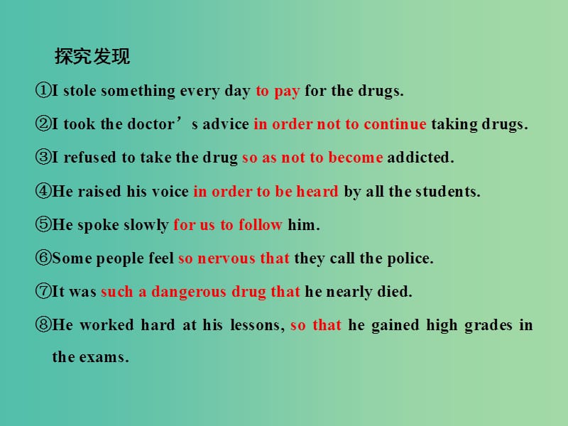 高中英语Module2NoDrugsSectionⅢGrammar不定式短语作目的状语和结果状语从句课件外研版.ppt_第2页